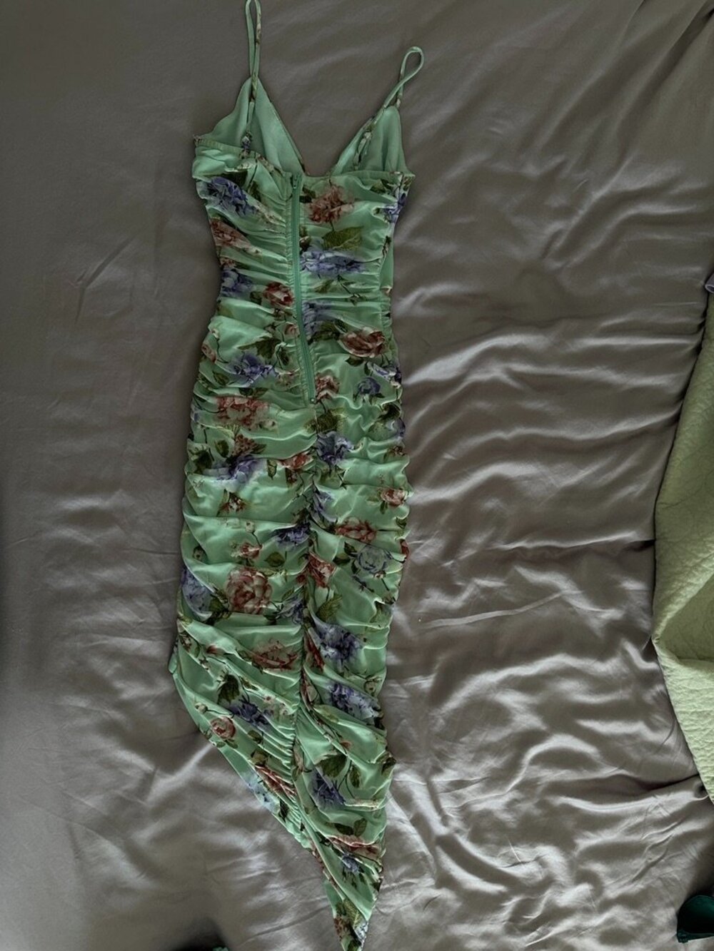 Windsor Light Green Floral V-Neck Ruched Asymmetrical Dress - Picture 2 of 5